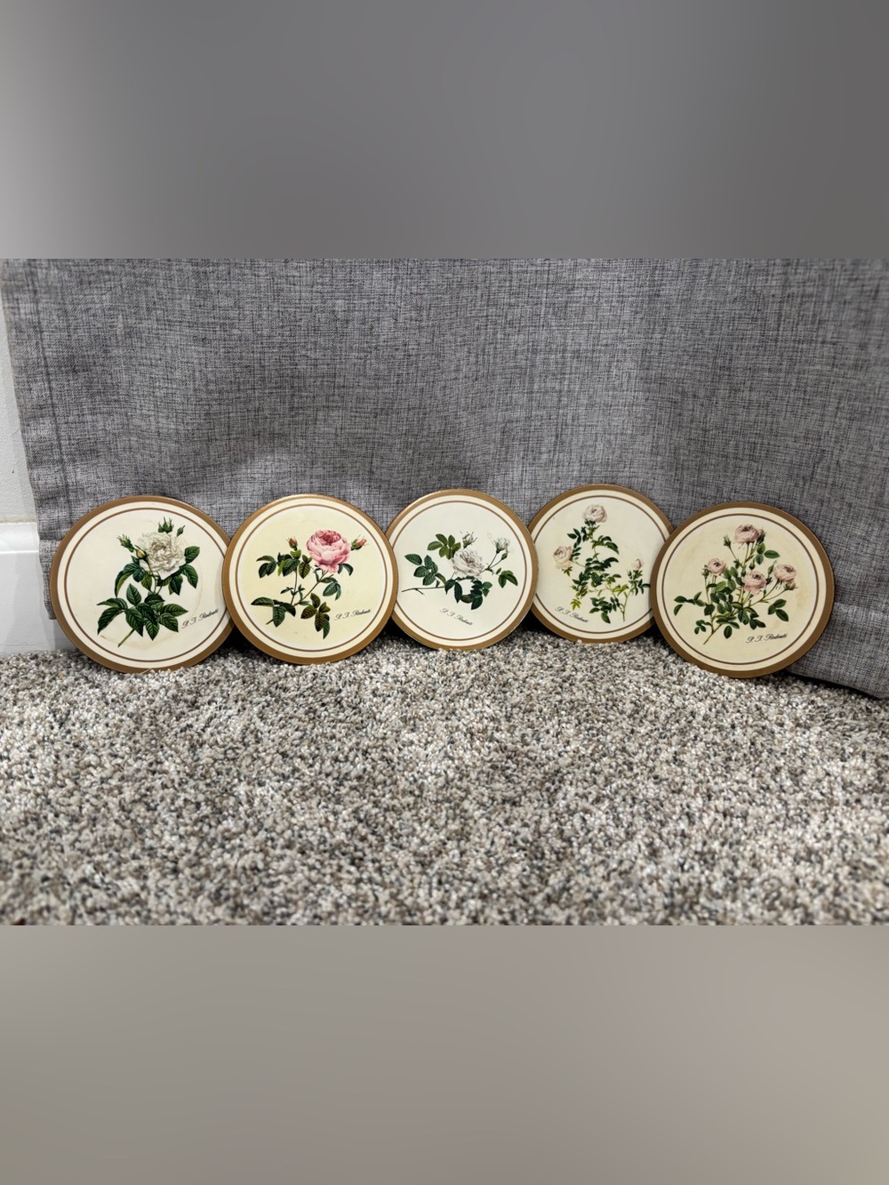 Set of Pimpernel Redouté Rose Round Cork-Backed Coasters Made in England